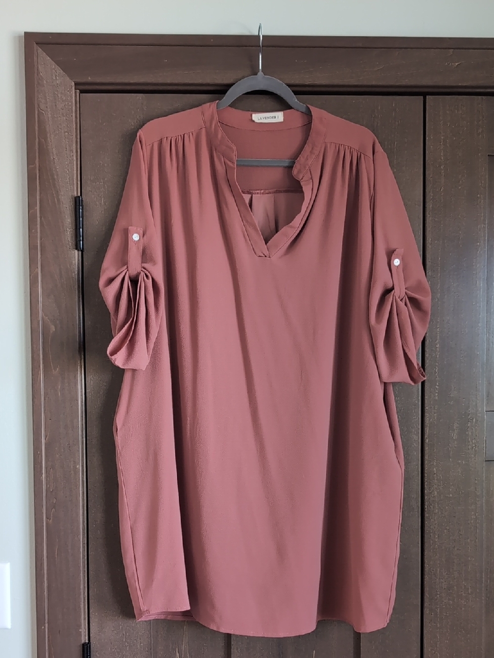 Relaxed V-Neck Tunic with Rolled Button-Sleeves - Dusty Rose